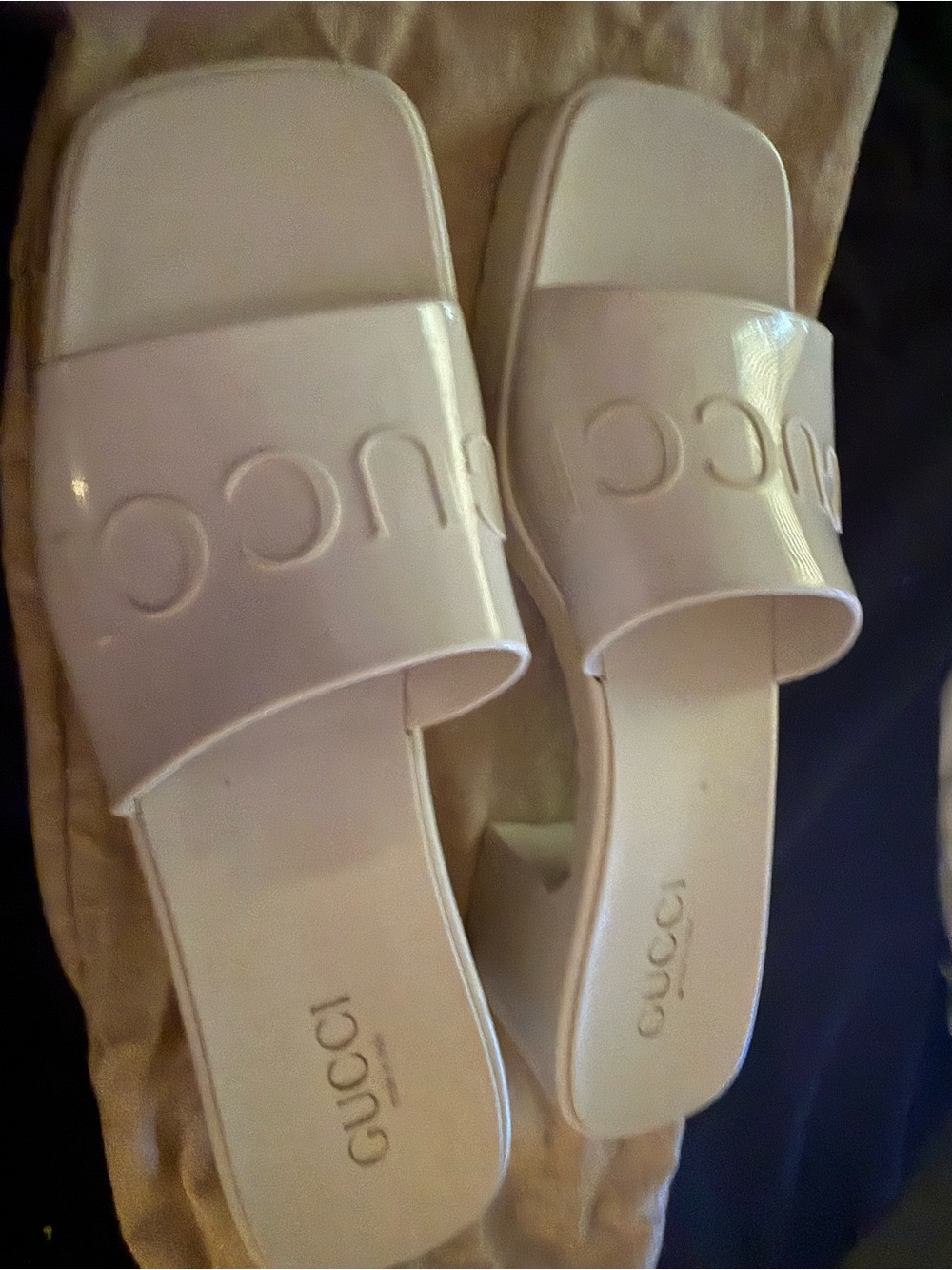 Gucci Ivory Embossed Logo Slide Mules